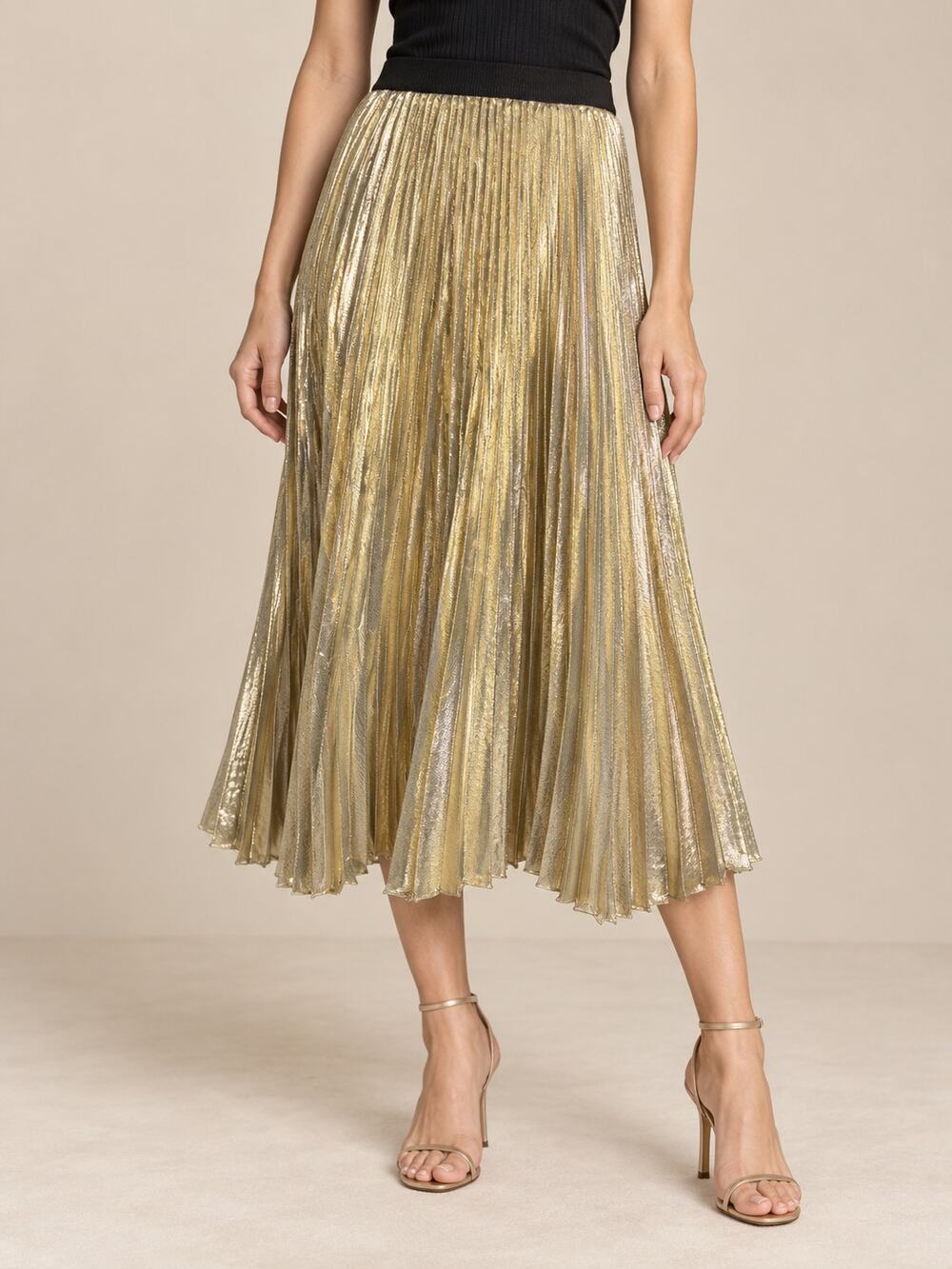 Pinko Womens Skirt Medium Metallic Gold Carletto Pleated A-Line Accordion Glam